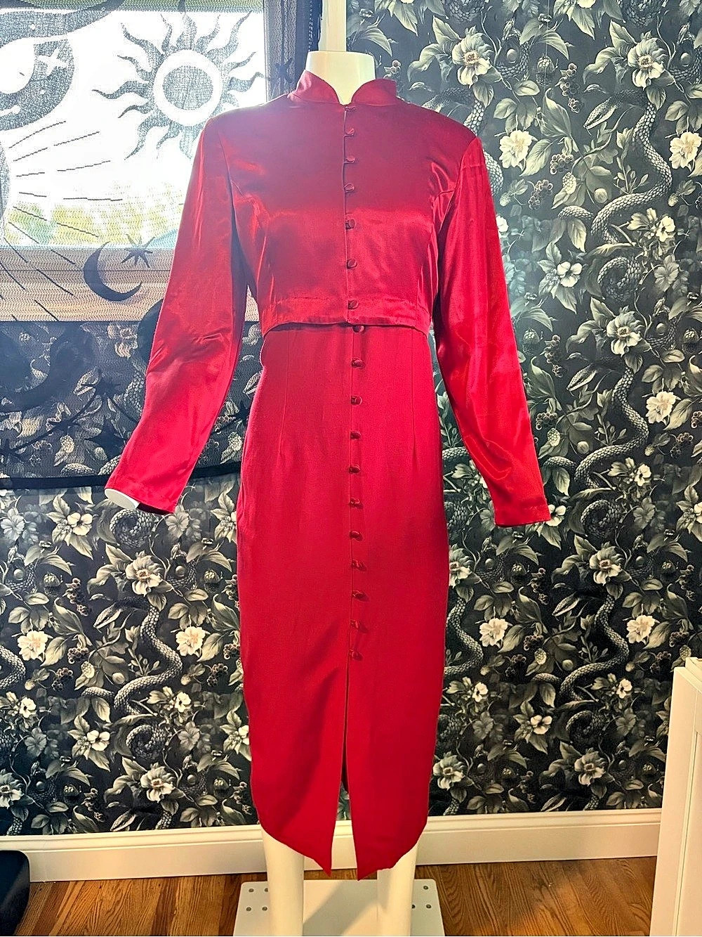 Vintage 90s Wild Rose Red Satin Midi Dress Mock Neck Button Front Gown Two-Piece